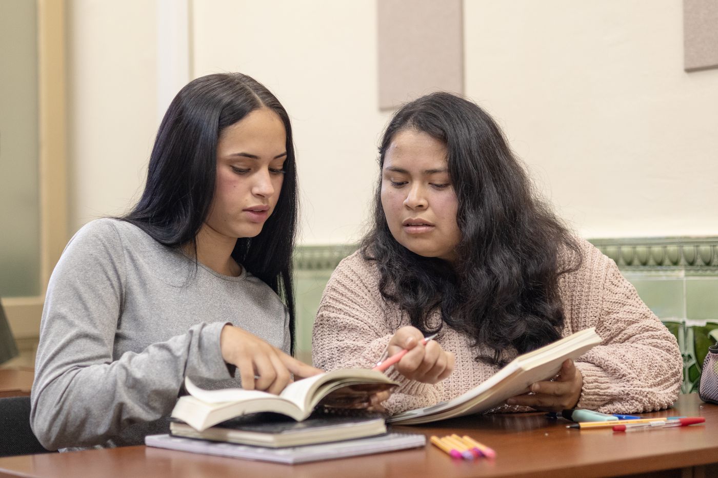 Two students learning together with books in a small class